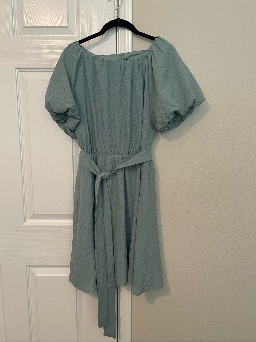 Lush Sage Puff-Sleeve Belted Dress